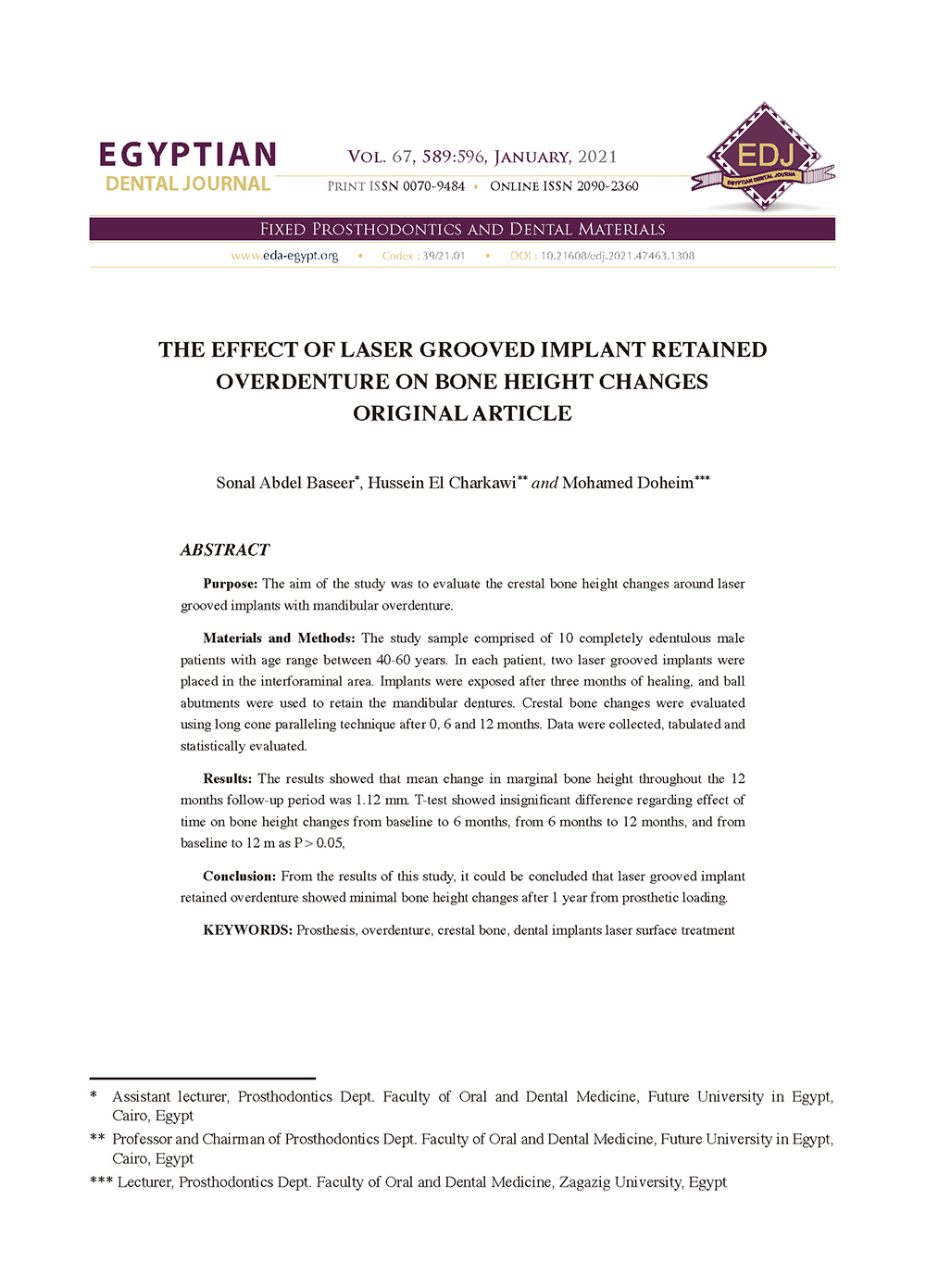 THE EFFECT OF LASER GROOVED IM PLANT RETAINED OVERDENTURE ON BONE HEIGHT CHANGESORIGINAL ARTICLE